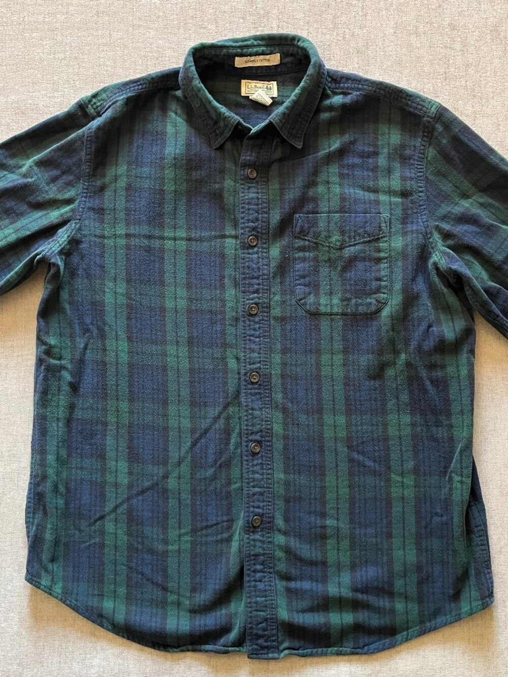 LL Bean Slightly Fitted Long Sleeve Shirt Men L Regular Blue Green Plaid Flannel